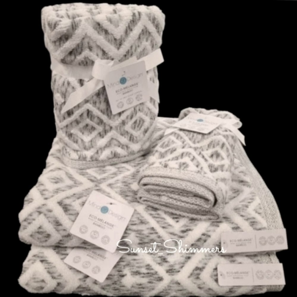 6pc Mind On Design Bath Hand Tip Towel Set Diamond Geo Gray & White Marble NEW